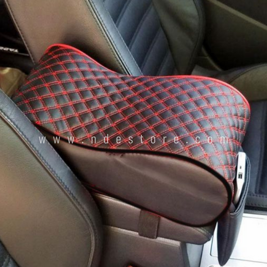 CAR ARMREST CUSHION BLACK WITH RED STITCH