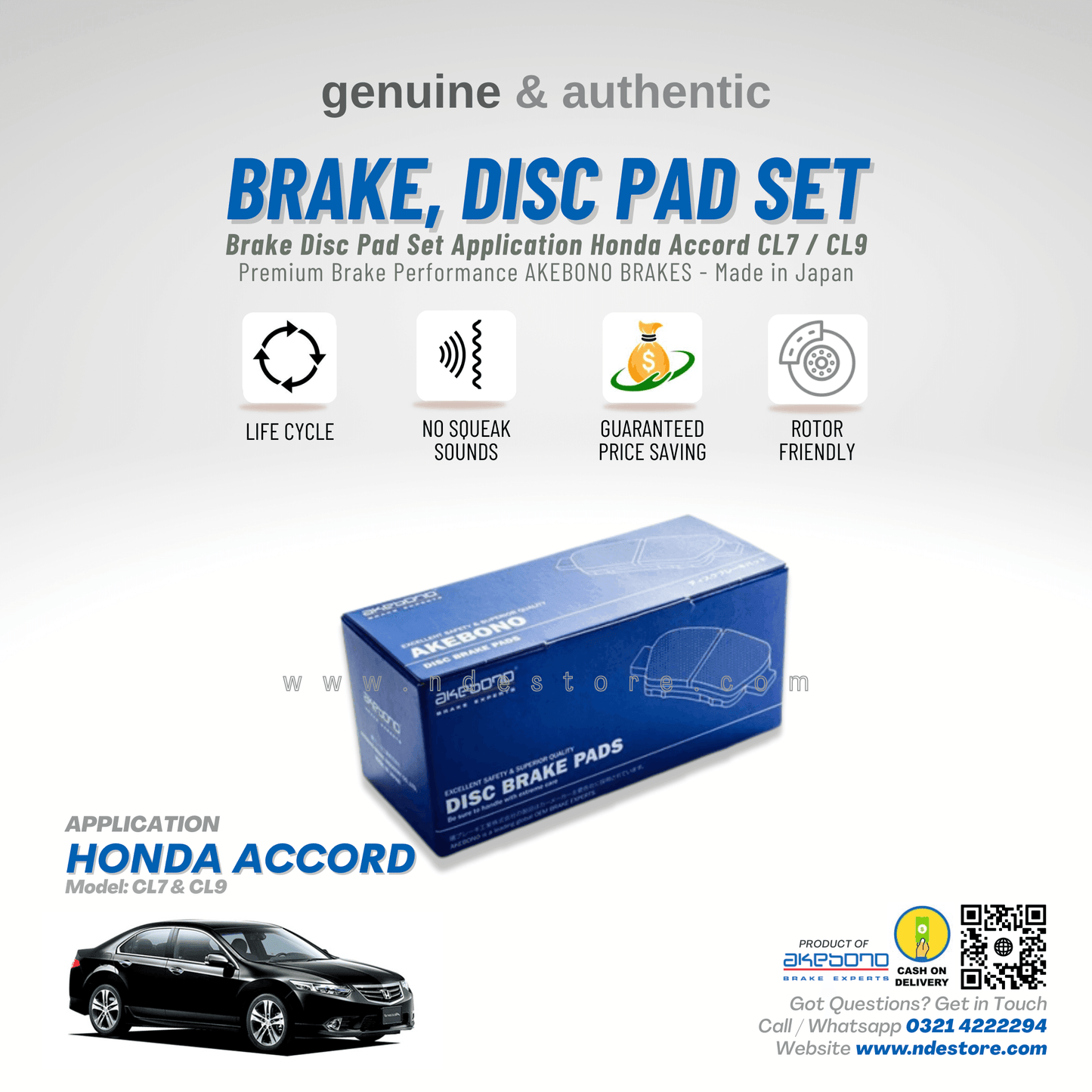 BRAKE, DISC PAD FRONT FOR HONDA ACCORD CL7 / CL9 - AKEBONO - ndestore.com