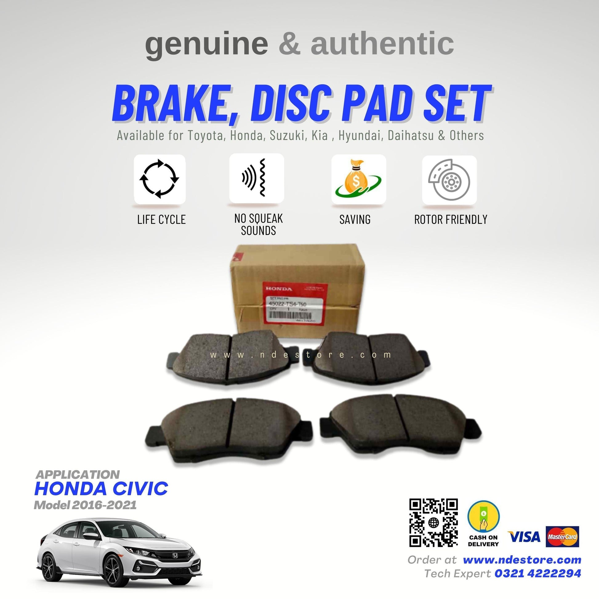 BRAKE, DISC PAD FRONT FOR HONDA CIVIC (2016-2021) (HONDA GENUINE PART) - ndestore.com