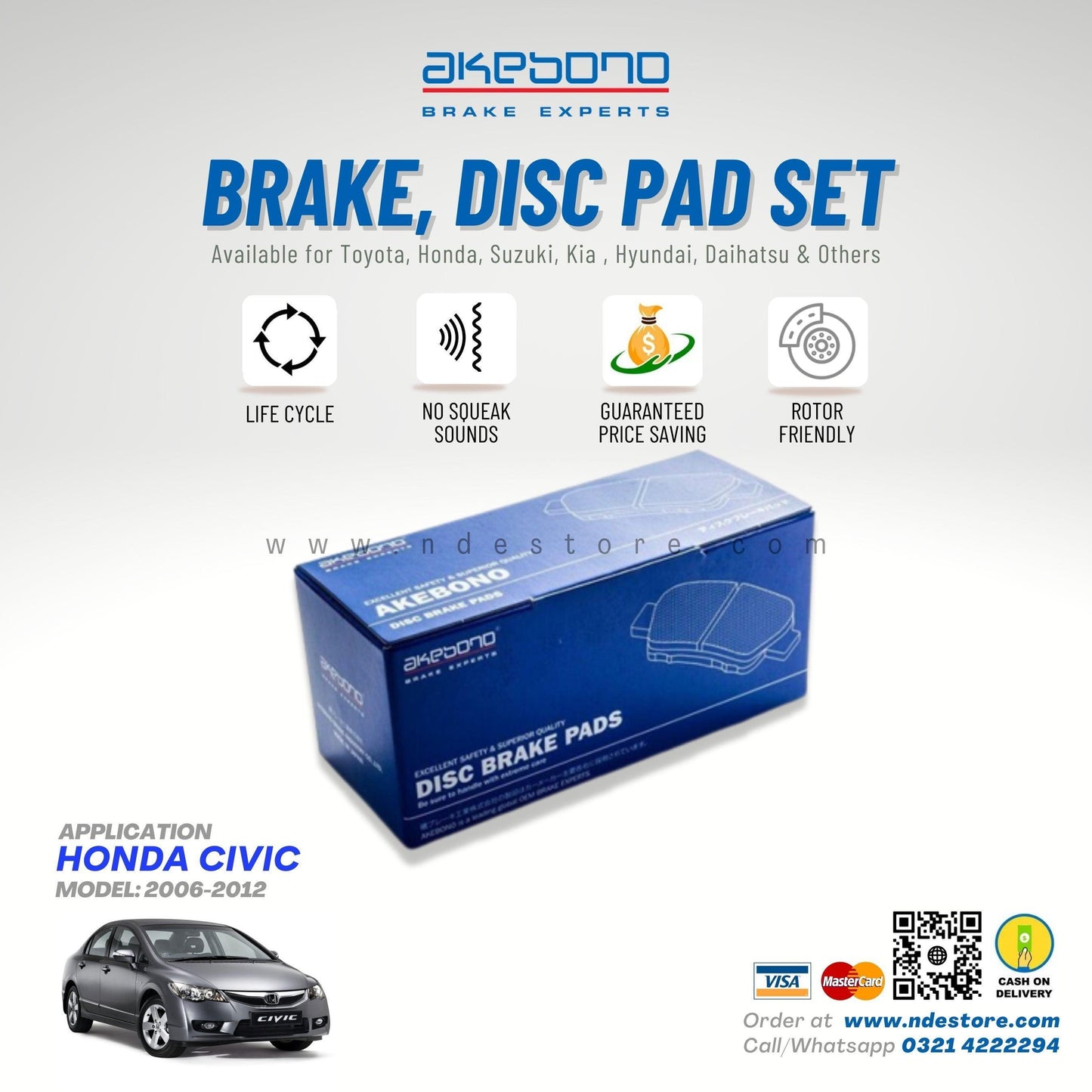 BRAKE, DISC PAD FRONT FOR HONDA CIVIC (2006-2012) - AKEBONO - ndestore.com